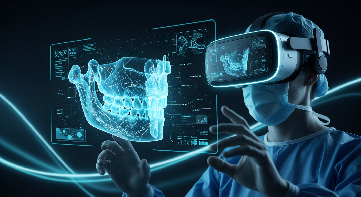 Surgeon using virtual reality headset to visualize 3D jaw anatomy for surgical planning