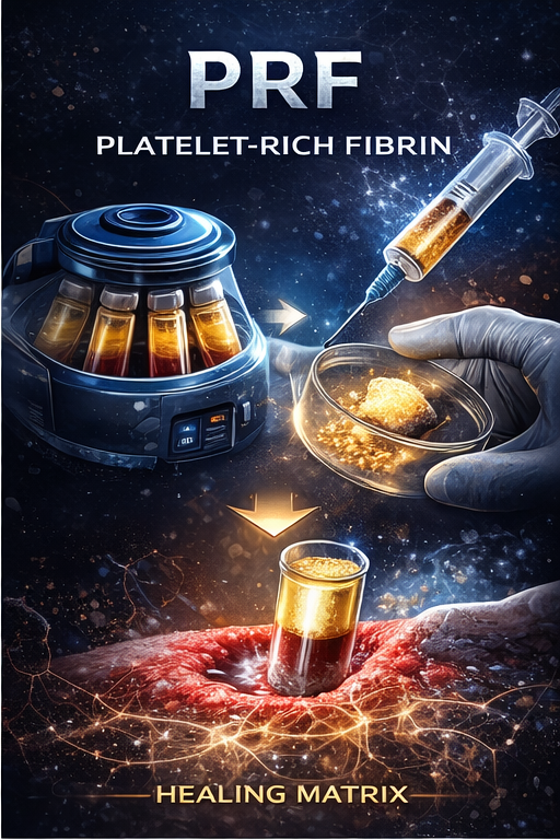 PRF platelet-rich fibrin, test tube with fibrin matrix and growth factors